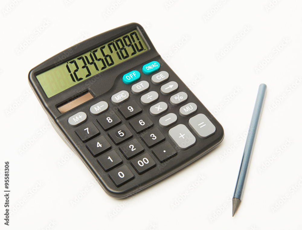 Calculator on a white background with black pencil and numbers on display
Calculator on a white background with black pencil and numbers on display