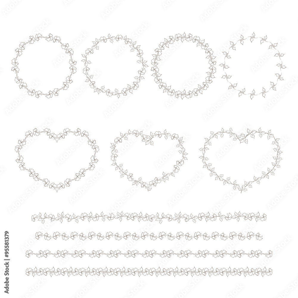 Set of hand drown decorative elements with flowers and leaves. Round frames, floral lines and hearts.