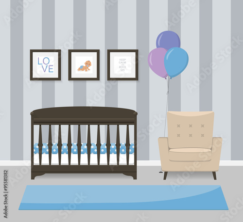 Baby room interior design in blue colors. Crib, armchair and framed pictures. Flat style vector illustration