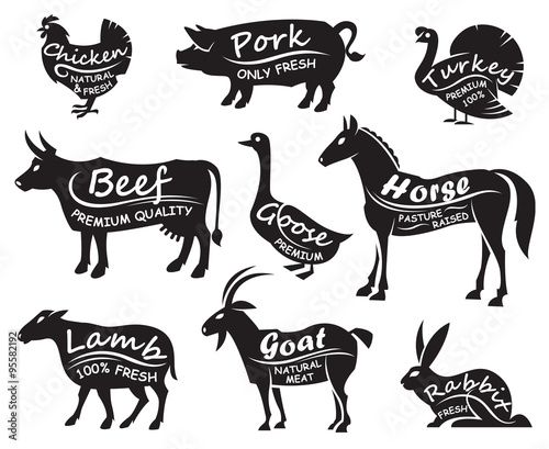 monochrome illustration of nine farm animals