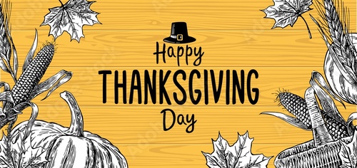 Hand drawn thanksgiving day with leaves, pumpkin and spica on wood background.  Vector Vintage illustration for  greeting card.