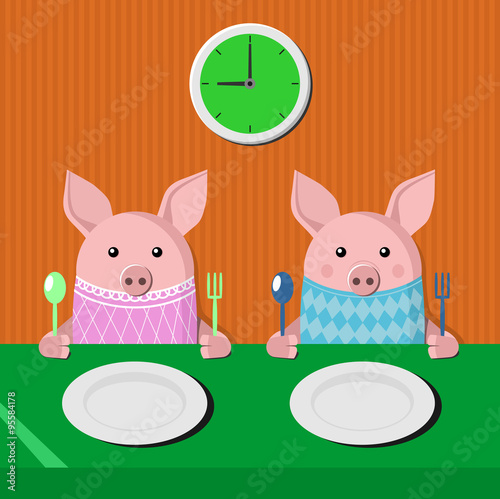 Two piglets at the table. Two pig at the table when the expected will be served breakfast. 