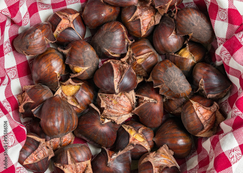cooked chestnuts in a red cloth 