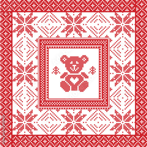 Scandinavian Nordic winter cross stitch, knitting   Christmas pattern in  square, tile  shape including snowflakes, Christmas gifts, teddy bear and decorative elements in red & white  
