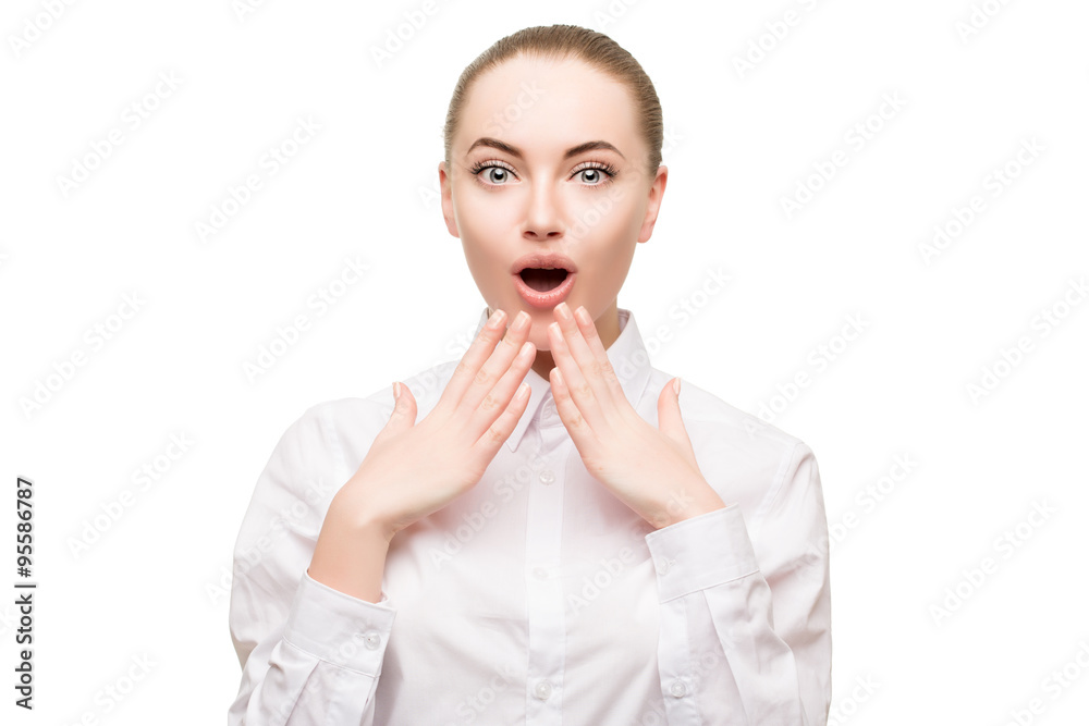 Surprised woman face, big expression eyes beauty girl in busines Surprised woman face, big expression eyes beauty girl in busines