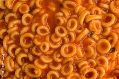 Close view of round spaghetti in a tomato sauce