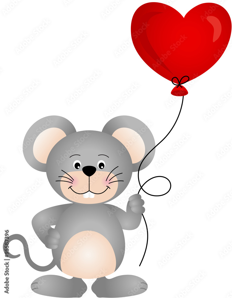 Naklejka premium Cute mouse holding a heart shaped balloon