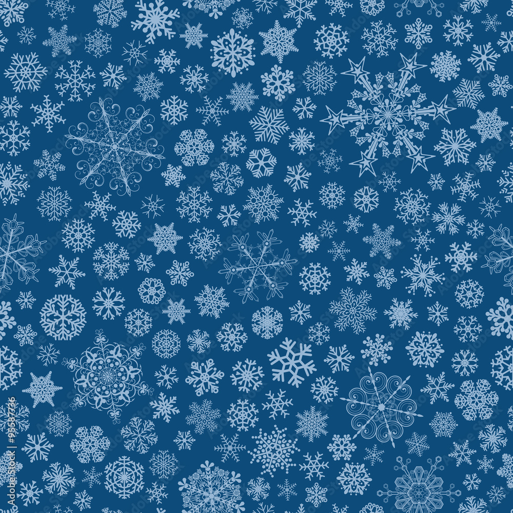 Seamless pattern of snowflakes, light blue on blue Seamless pattern of snowflakes, light blue on blue