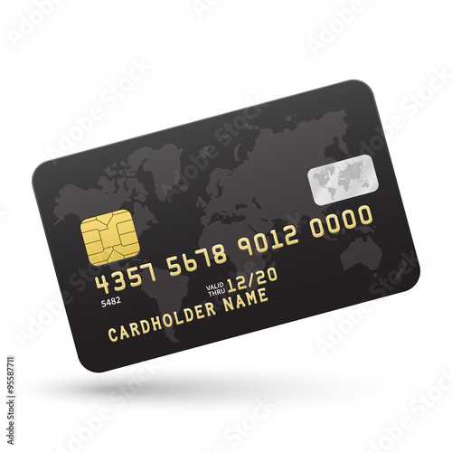 Realistic Black Credit card isolated on white background.