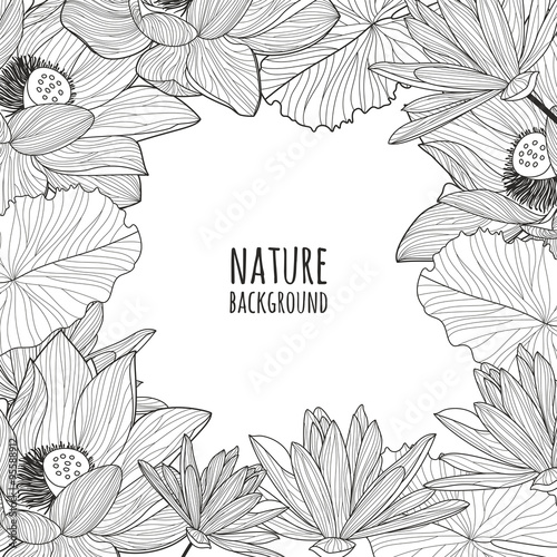 Fototapeta Naklejka Na Ścianę i Meble -  Vector square frame with hand drawn lotus and lily flowers.