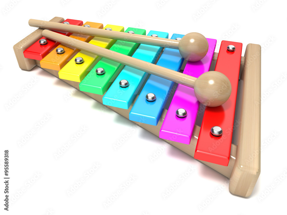 Xylophone with rainbow colored keys and with two wood drum sticks. 3D  render isolated on white background. Wooden toy. Percussion instrument.  Music art creation concept ilustración de Stock | Adobe Stock
