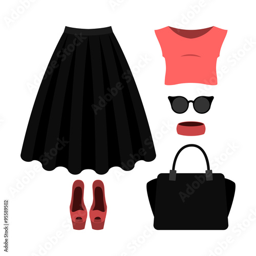 Set of  trendy women's clothes with black skirt, top and accessories. Women's wardrobe. Vector illustration