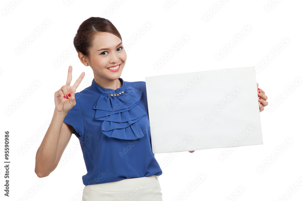 Young Asian woman show victory sign with blank sign Young Asian woman show victory sign with blank sign