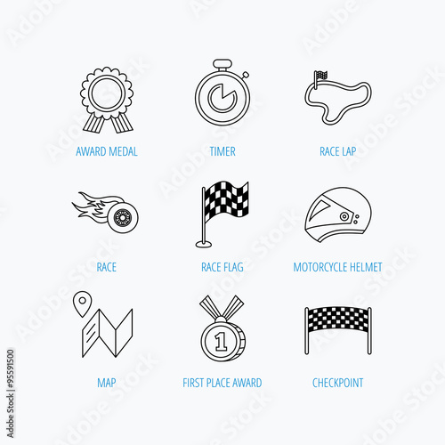 Race flag and speed icons. Winner medal signs.