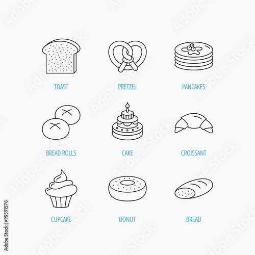Croissant, pretzel and bread icons. Cupcake.