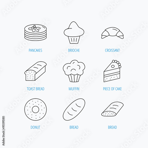 Croissant, cake and bread icons. Muffin.