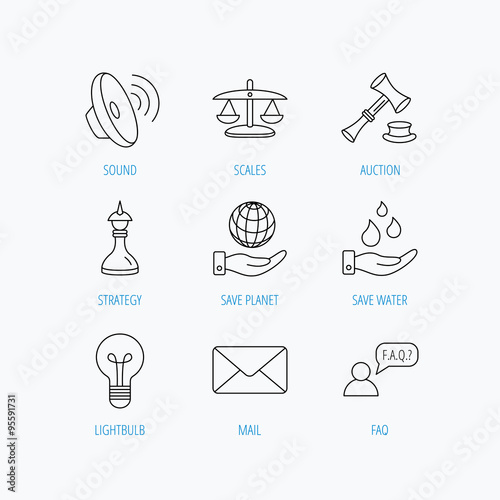 Strategy, auction and scales of justice icons.
