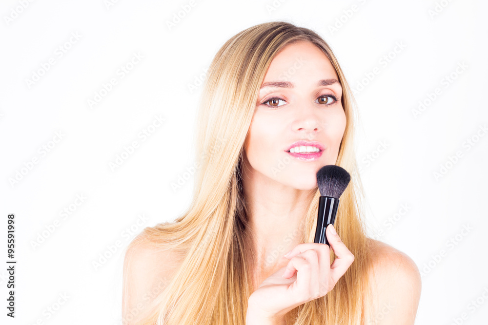 Happy smiling with teeth woman holding brush for rouge. Happy smiling with teeth woman holding brush for rouge.