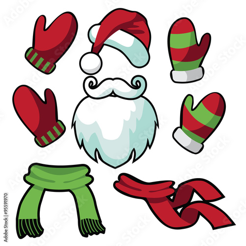 A collection of fun santa hat, mustache, beard, scarves and mittens. EPS 10 vector