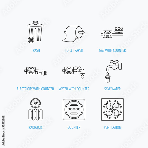 Ventilation, radiator and water counter icons.