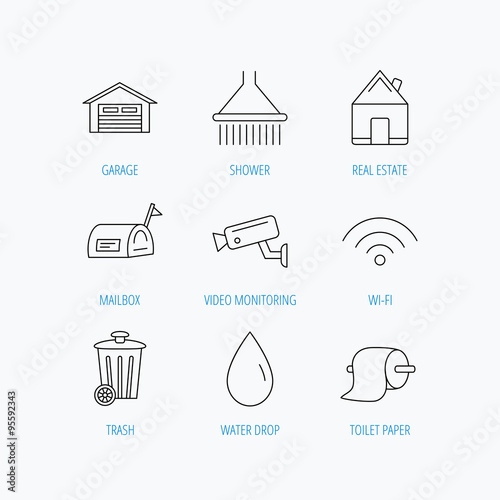 Wi-fi, video monitoring and real estate icons.