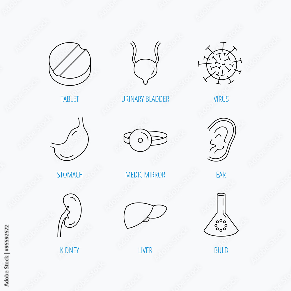 Virus, tablet and stomach organ icons. Virus, tablet and stomach organ icons.