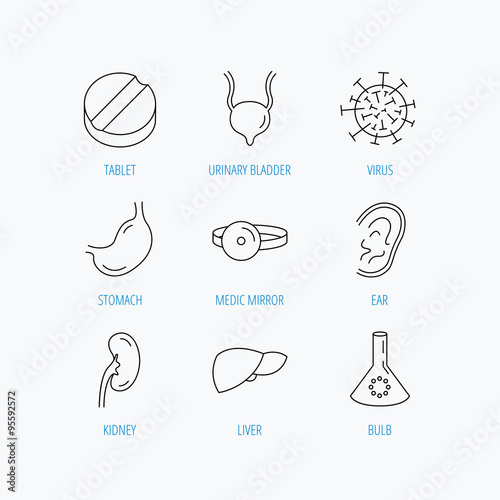 Virus, tablet and stomach organ icons.