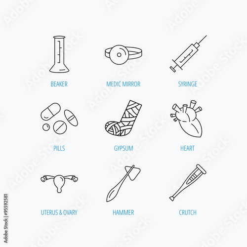 Syringe, beaker and pills icons. Medical signs.