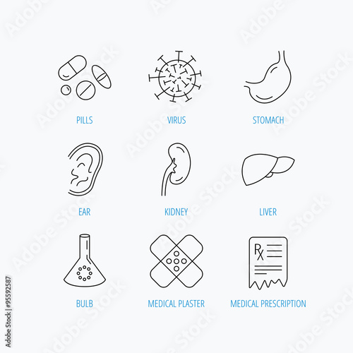 Pills, medical plaster and prescription icons.