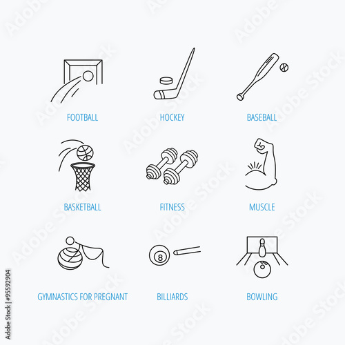 Football, ice hockey and fitness sport icons.