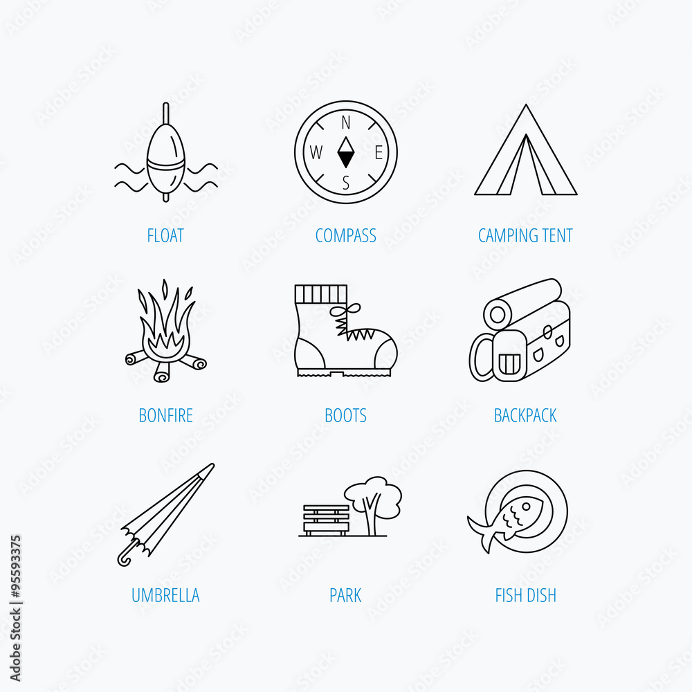 Fototapeta premium Park, fishing float and hiking boots icons.