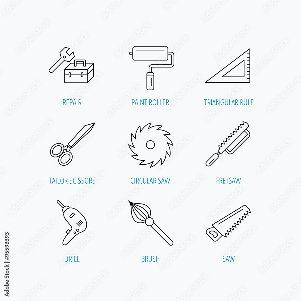 Scissors, paint roller and repair tools icons. Scissors, paint roller and repair tools icons.