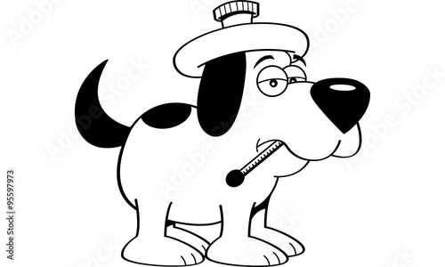 Black and white illustration of a sick dog with a thermometer.