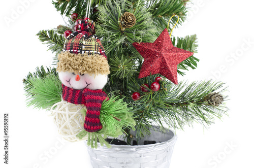 composition of santa claus with christmas tree decoration. red and blue stars. red ball. isolated on white background.