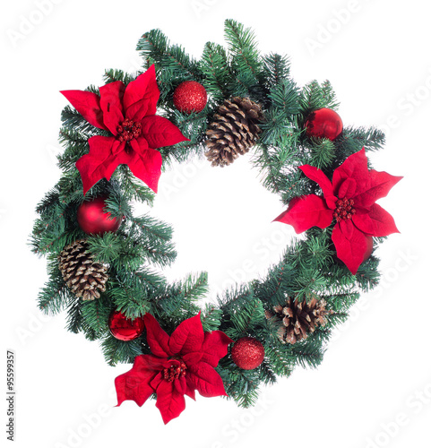 Holiday Poinsettia Christmas wreath isolated on white background