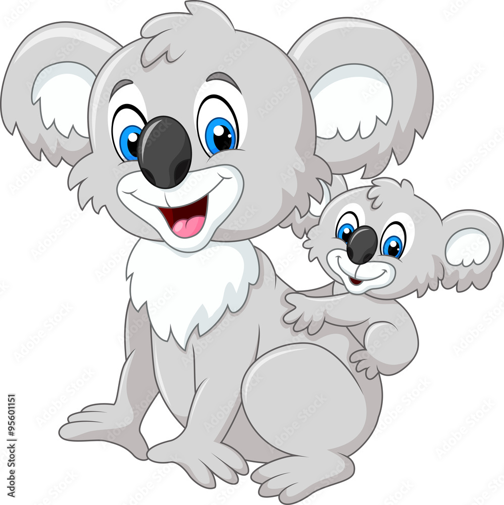 Fototapeta premium Cartoon baby Koala on Mother's Back