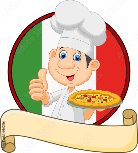 Cartoon chef holding a pizza and giving a thumbs up 