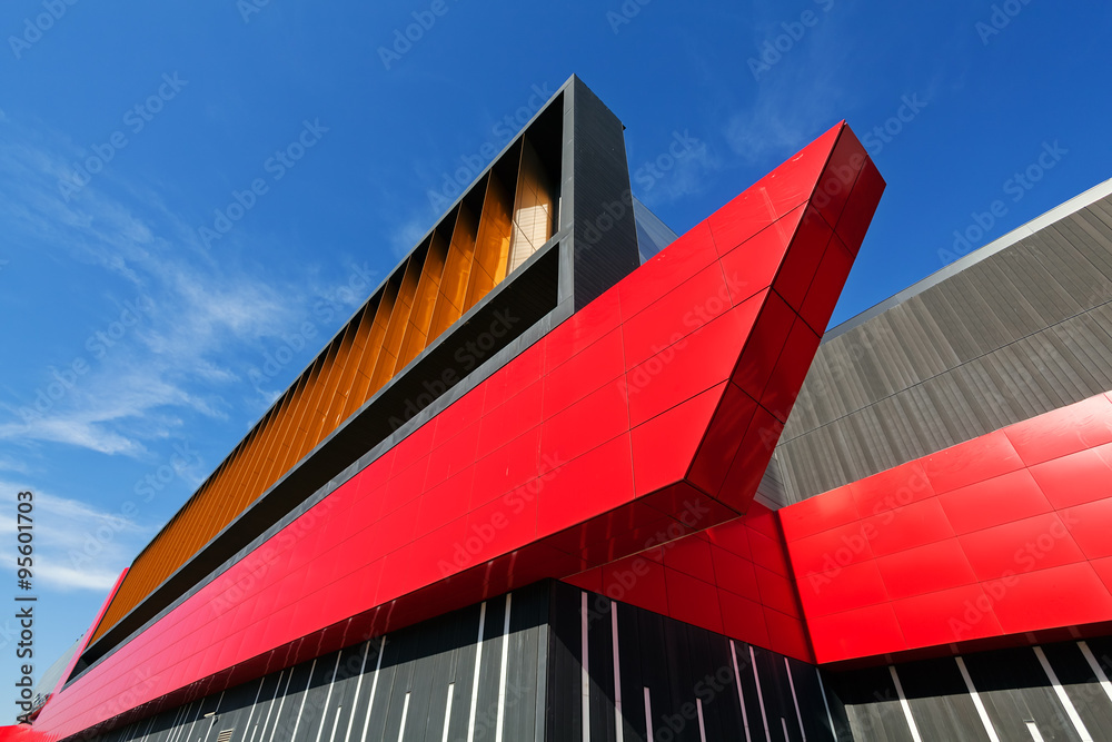 colorful aluminum facade on large shopping mall