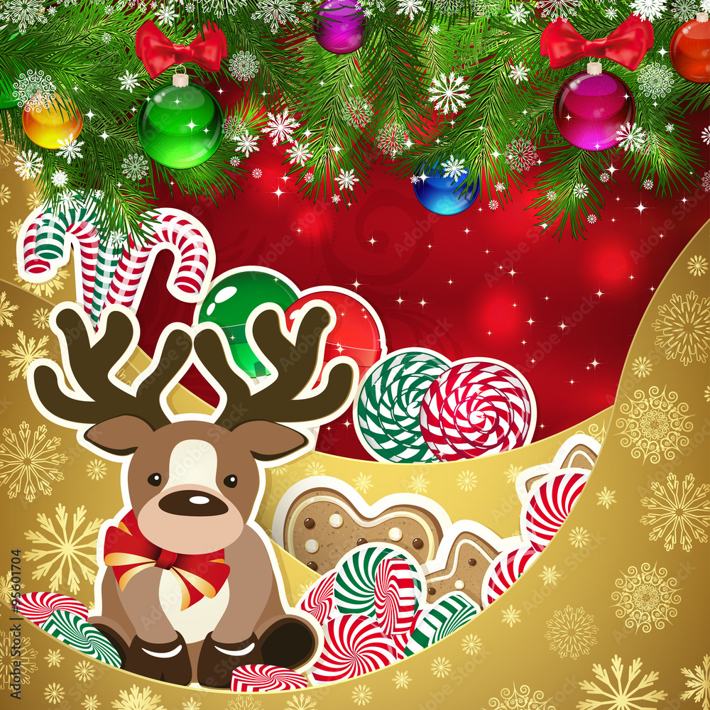 Deer on the Christmas background of sweets.