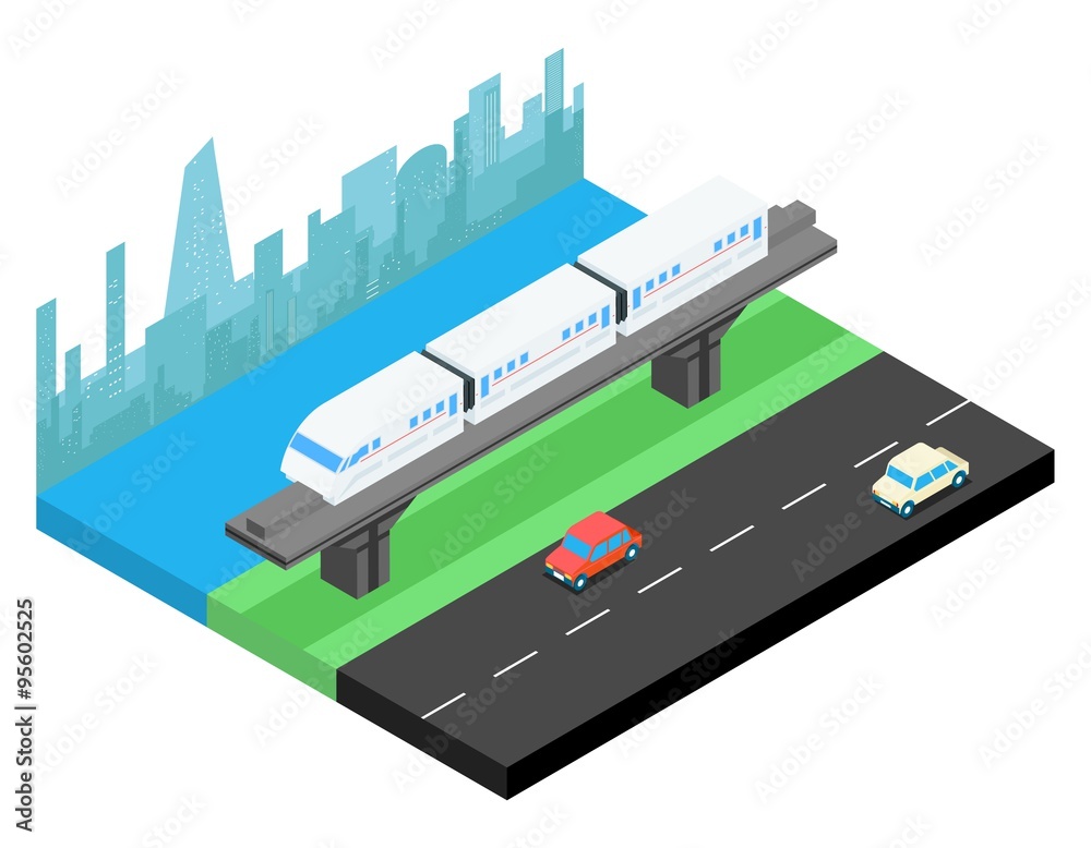 Sky train and city skyline isometric illustration Sky train and city skyline isometric illustration