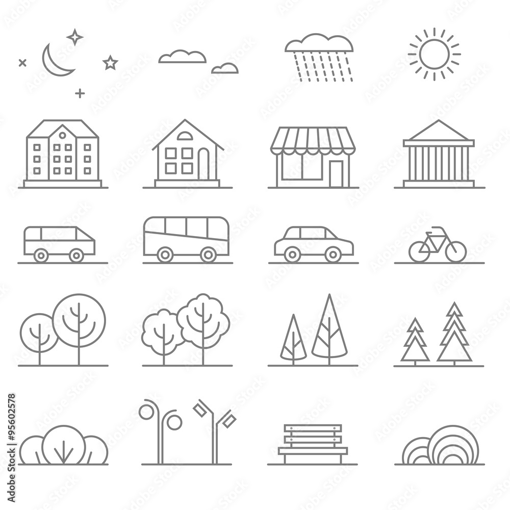 Buildings, transport, car and tree line vector icons set. Elements for city map