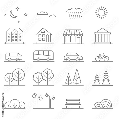 Buildings, transport, car and tree line vector icons set. Elements for city map