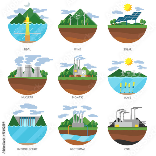 Generation energy types. Power plant icons vector set