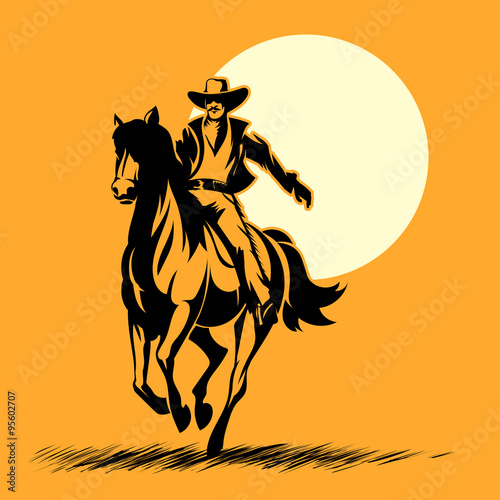 Wild west hero, cowboy silhouette riding horse at sunset