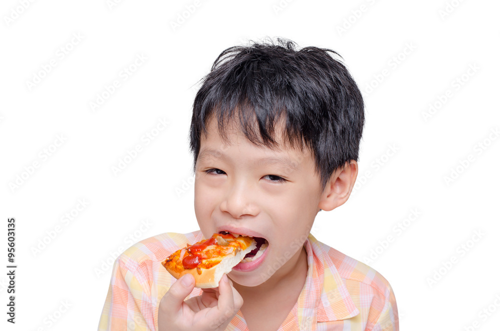 Little Asian child eating a piece of pizza Little Asian child eating a piece of pizza