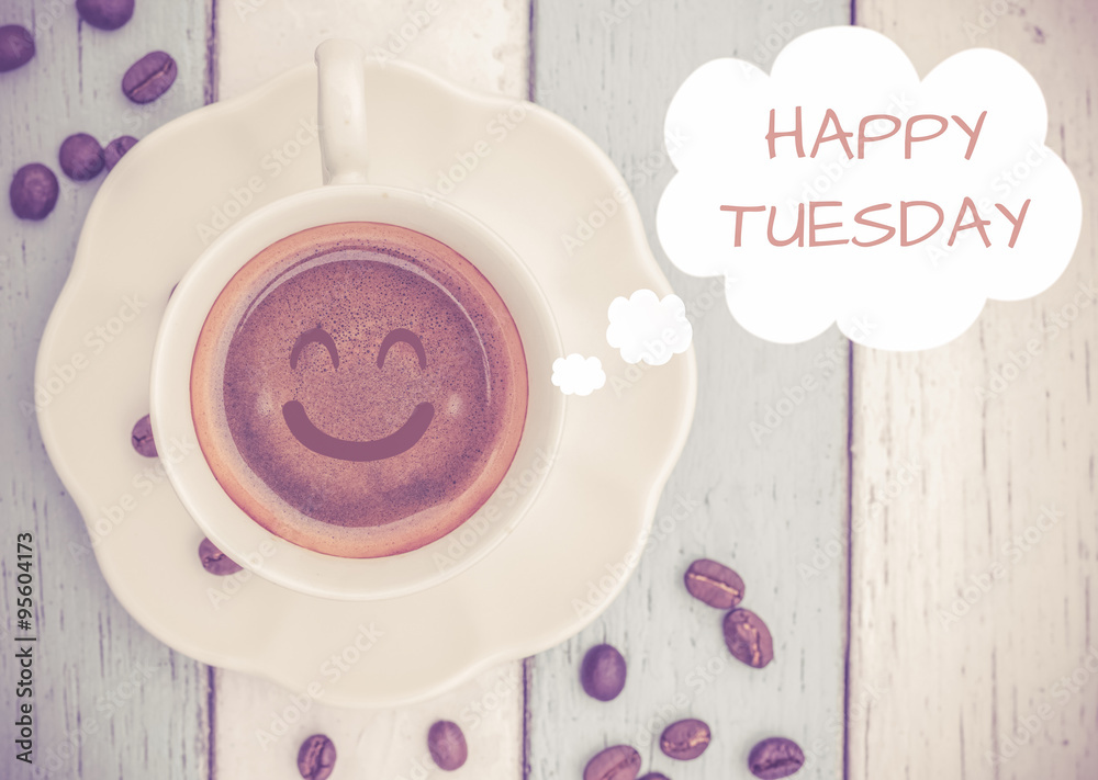 Happy Tuesday word two cups of coffee and stand together Stock Photo by  ©aradaphotography 281450326