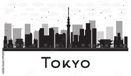 Photography Tokyo City skyline black and white silhouette.