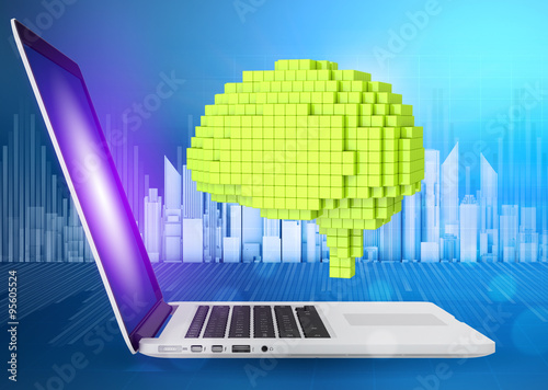 Digital generation of green voxel brain with laptop