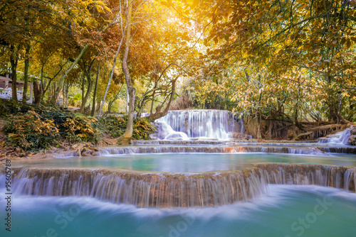 Waterfall in rain forest ( Tat Kuang Si Waterfalls at Luang prab