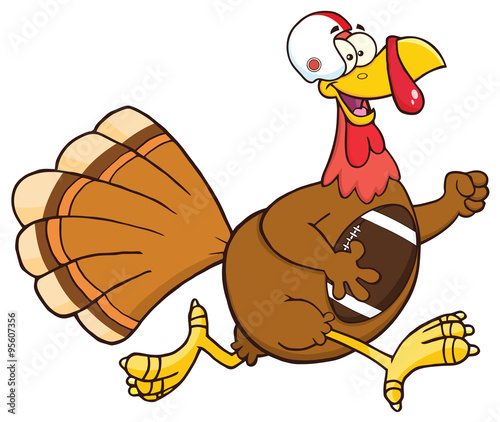 Football Turkey Bird Character Running In Thanksgiving Super Bowl
